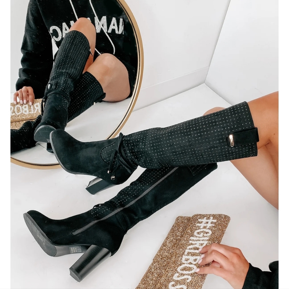 Elegant Black Rhinestone Studded Knee-High Women's Boots - Picture 8 of 9